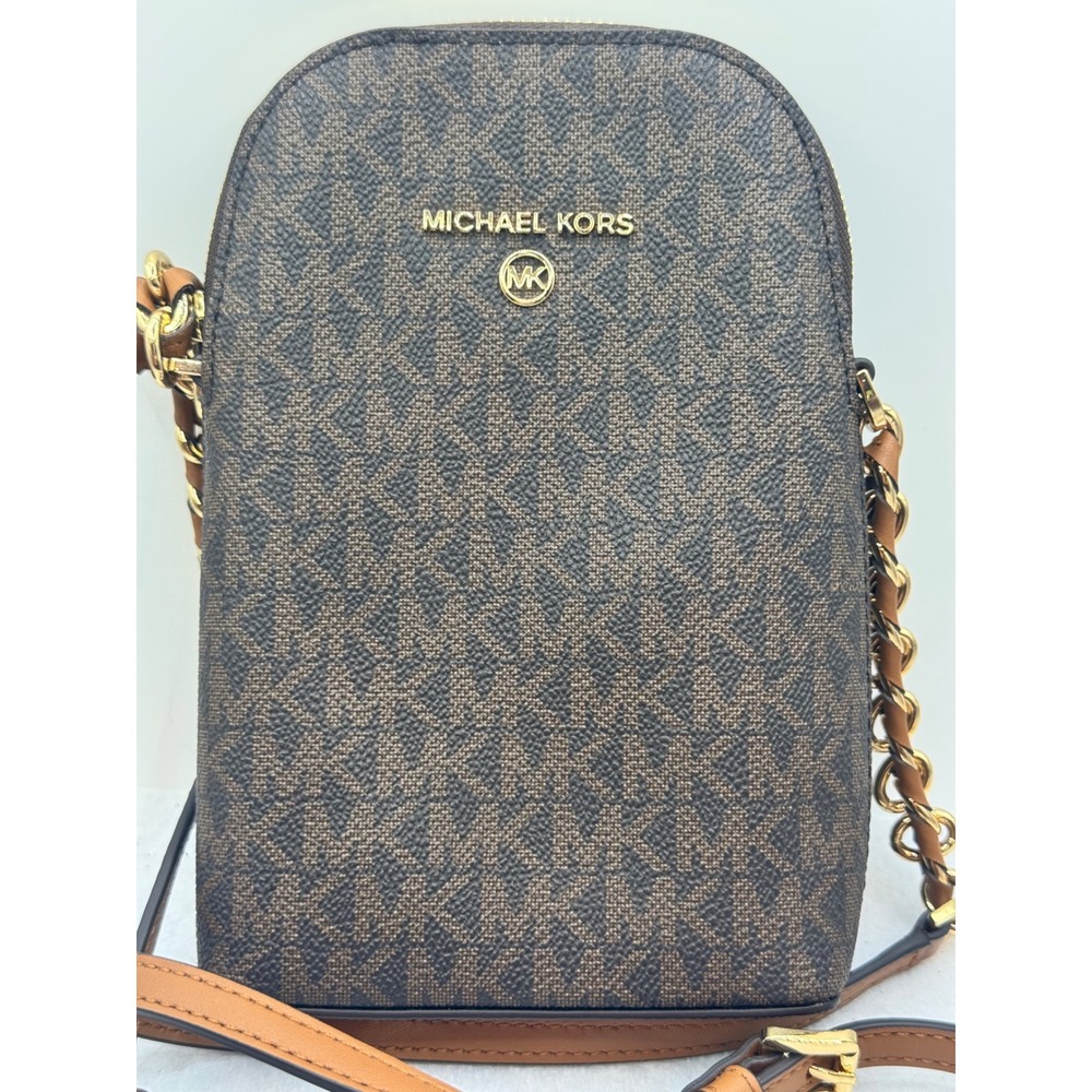 Michael Kors Jet Set Signature Logo Crossbody Tech Bag Brown Gold 32S1GT9C5B